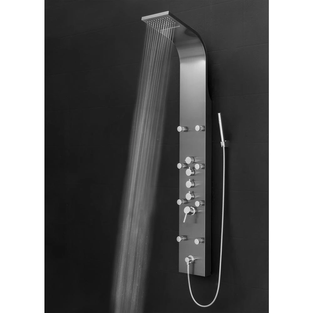 65 In. 8-Jet Shower Panel System In Space Gray Brushed Stainless Steel With Rainfall Waterfall Shower Head And Wand 6 65 In. 8-Jet Shower Panel System In Space Gray Brushed Stainless Steel With Rainfall Waterfall Shower Head And Wand - Image 4