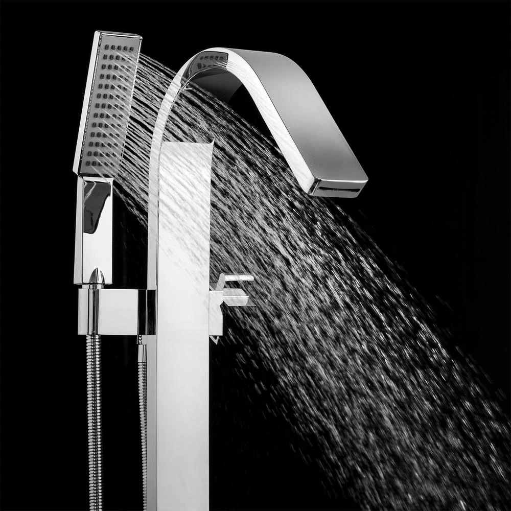 1-Handle Freestanding Floor Mount Roman Tub Faucet Bathtub Filler With Hand Shower In Chrome 5 1-Handle Freestanding Floor Mount Roman Tub Faucet Bathtub Filler With Hand Shower In Chrome - Image 3