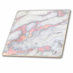 3dRose Luxury Grey Rose Gold Gem Stone Marble Glitter Metallic Faux Print - Ceramic Tile, 6-inch