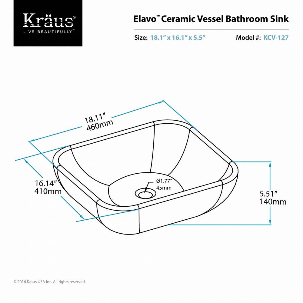KRAUS Elavo Soft Square Ceramic Vessel Bathroom Sink In White 9 KRAUS Elavo Soft Square Ceramic Vessel Bathroom Sink In White - Image 7