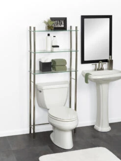 Zenna Home® Floating Glass 26"W X 60"H Brushed Nickel Over-the-Toilet Storage Shelves -Household Items Sales 8935BN alt 1800x1800