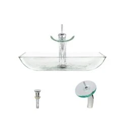 MR Direct Glass Vessel Sink In Crystal With Waterfall Faucet And Pop-Up Drain In Chrome